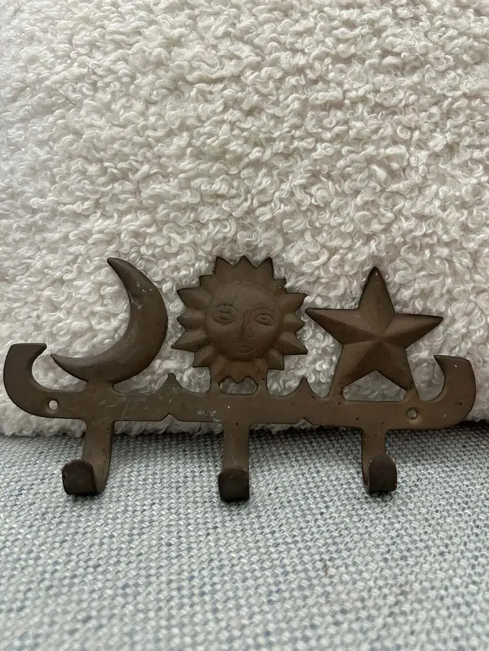 Vintage Brass Celestial Sun Moon and Star Wall Hook Hanger